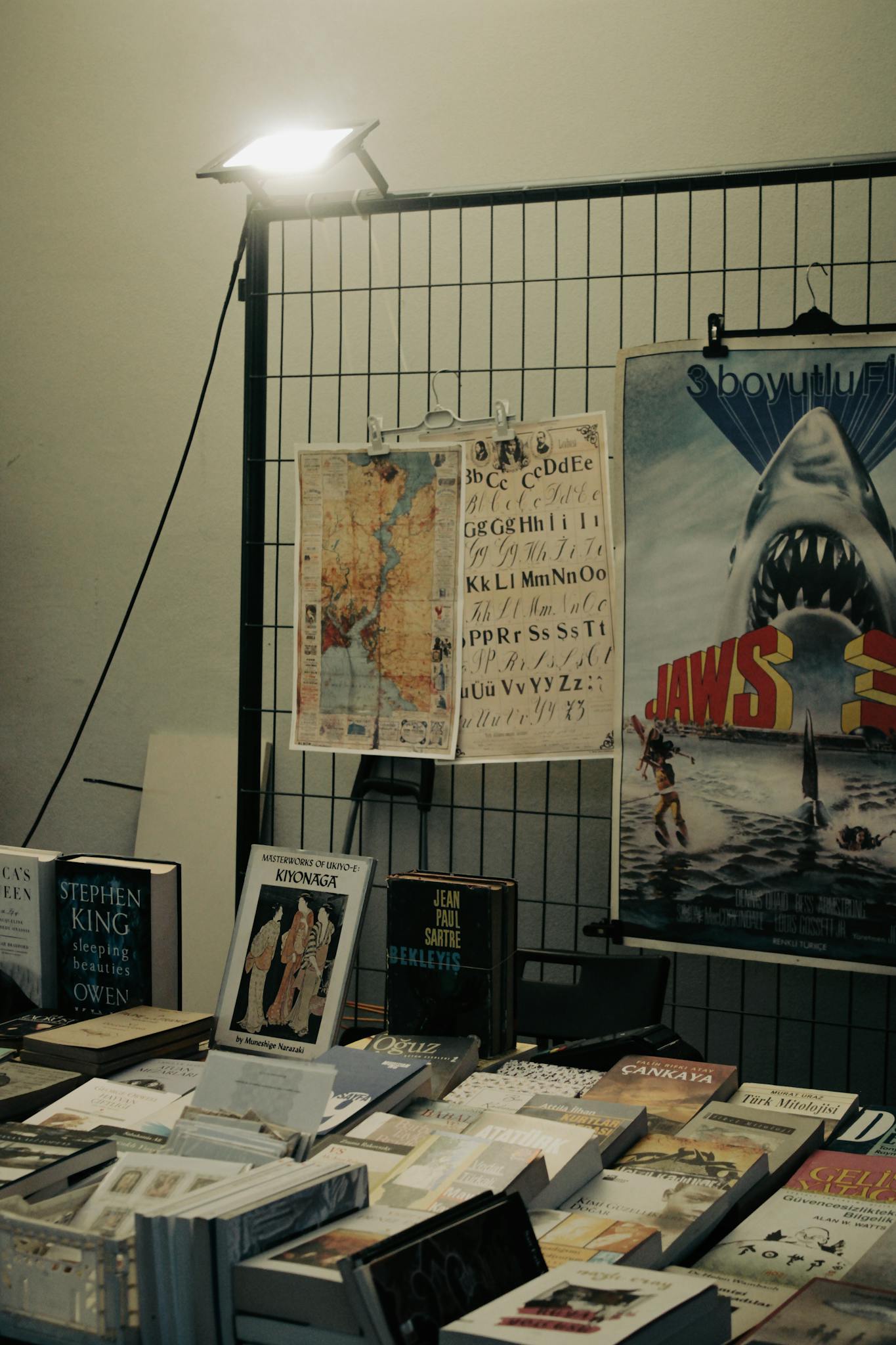 Vintage bookstore setup featuring a variety of books and classic movie posters, lit by a lamp.
